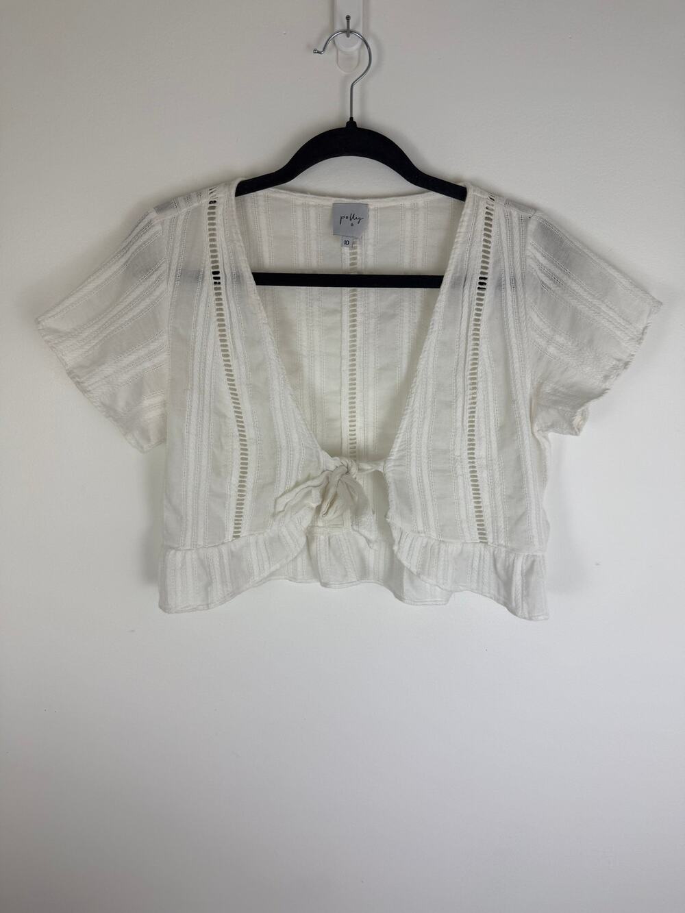 Polly Womens Tie Front Short Sleeve Boho Ruffle Bohemian Cottagecore Crop Top 10